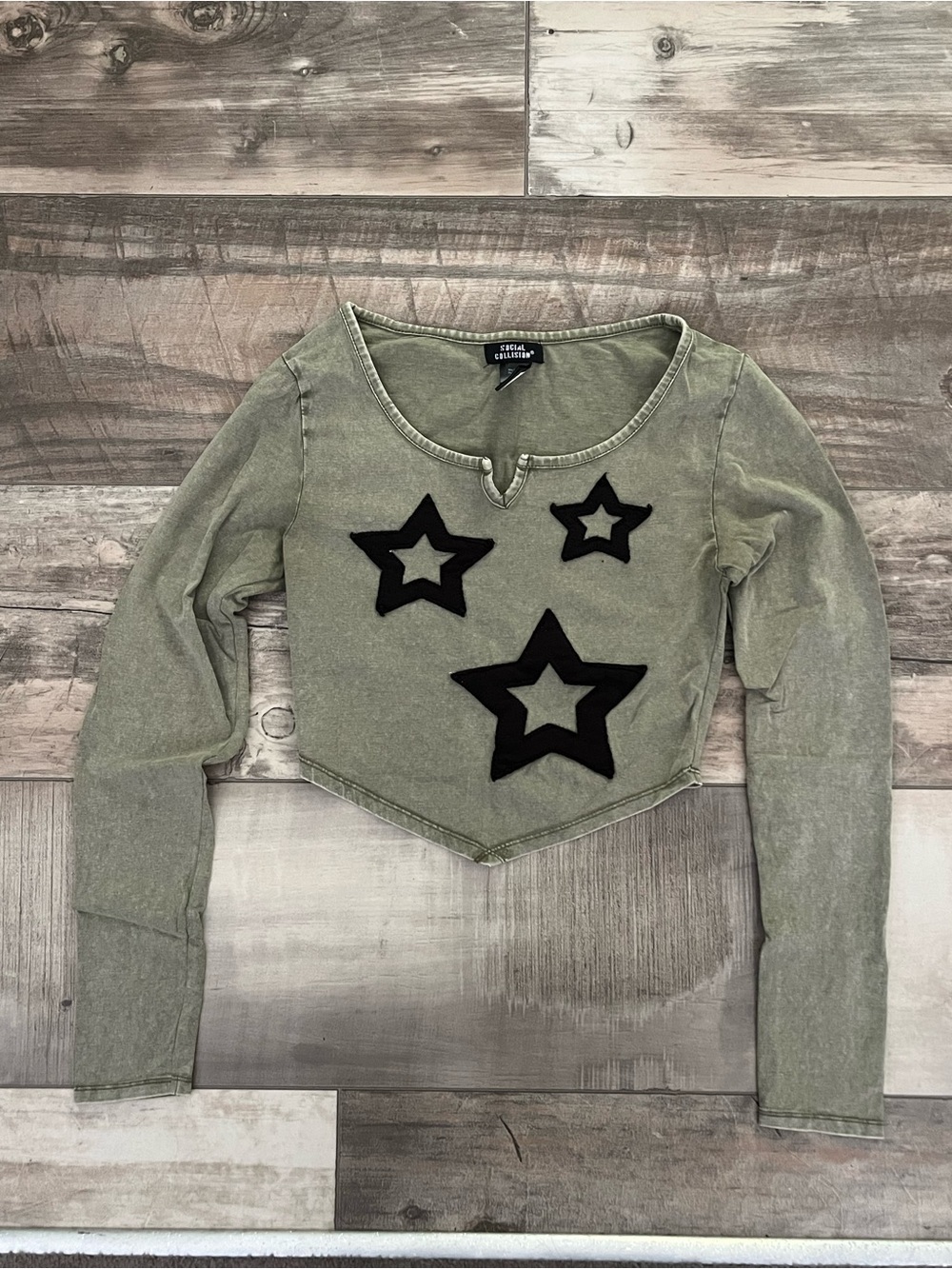 Olive Green Long Sleeve Crop Top with Star Patches
